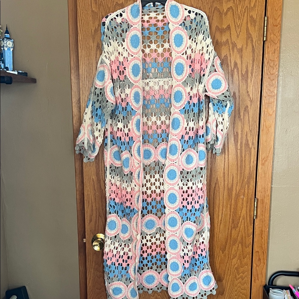 POL Crochet Openwork Cardigan in Cream, Blue & Pink